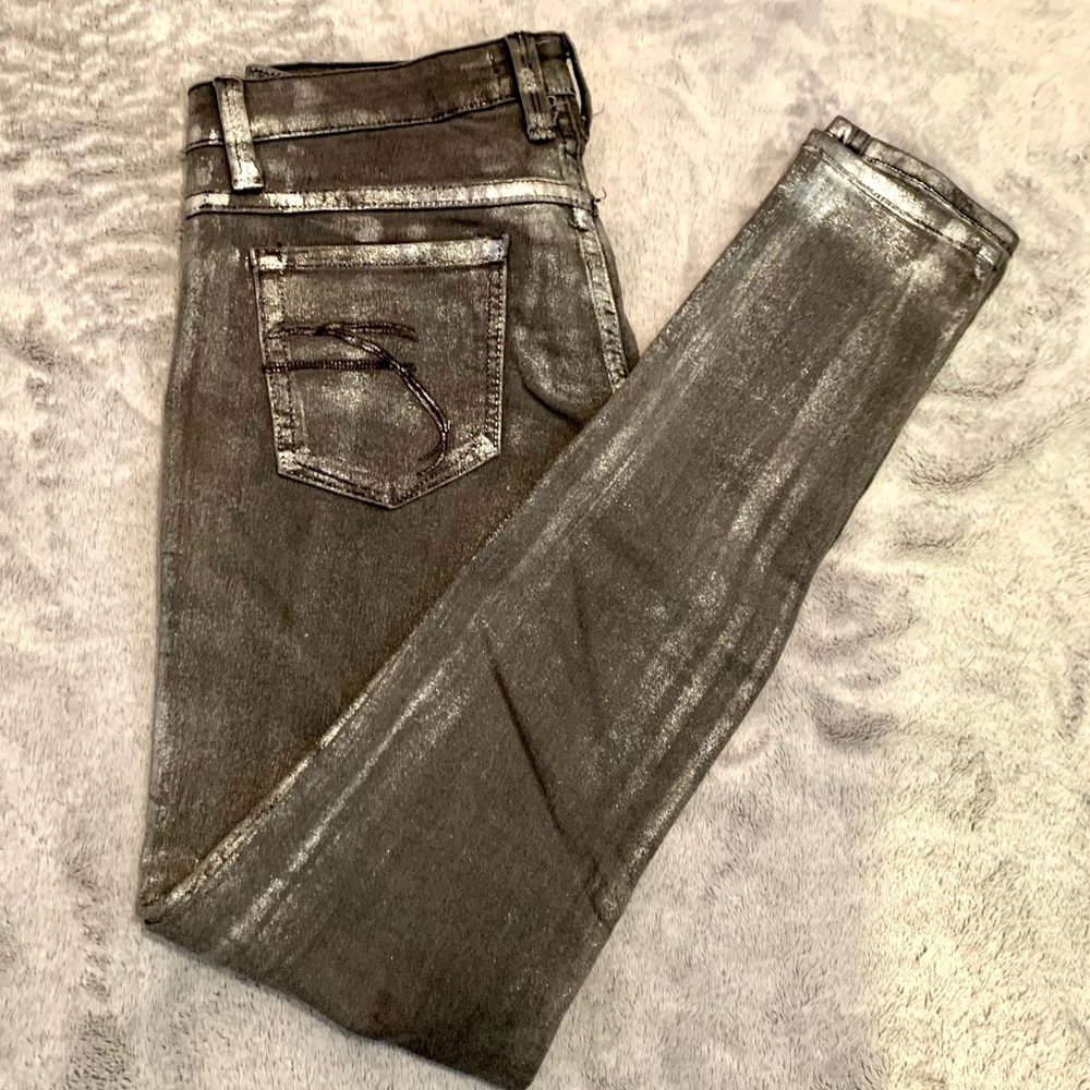 Frankie B. Silver Metallic Painted Skinny Jeans